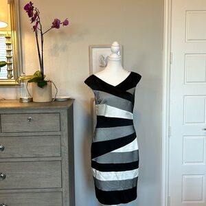 Jax | Black & White Satin Sheath Dress with Lace Overlay | Size 6